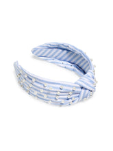 Load image into Gallery viewer, Pearls & Stripes Knotted Headband Blue