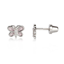 Load image into Gallery viewer, Girls Sterling Silver Screw Back Pink Butterfly Earrings