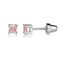 Load image into Gallery viewer, Girls Sterling Silver Screw Back Pink CZ Stud Earring