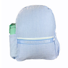 Load image into Gallery viewer, Baby Blue Seersucker Medium Backpack w/ Pockets
