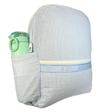 Load image into Gallery viewer, Baby Blue Seersucker Medium Backpack w/ Pockets
