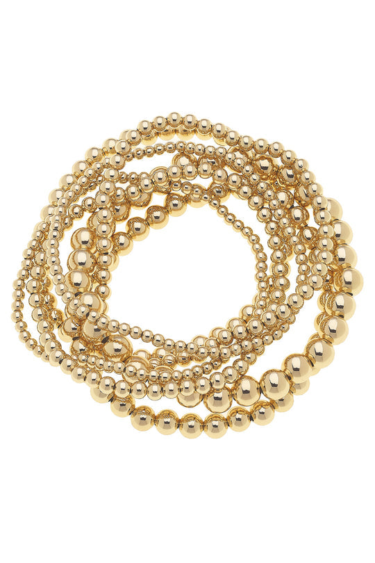 Ruby Assorted Ball Bead Stretch Bracelet Set of 7 in Shiny Gold
