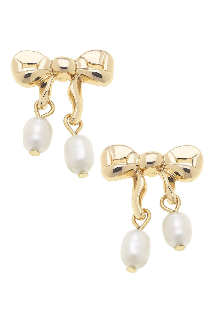 Tessa Pearl Bow Stud Earrings in Shiny Gold
