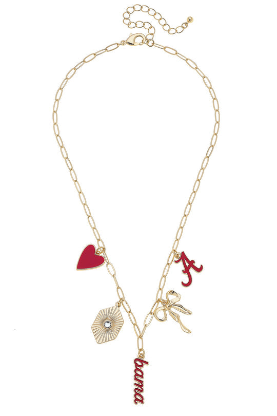 Alabama Crimson Paper Clip Charm Collector Necklace in Shiny Gold