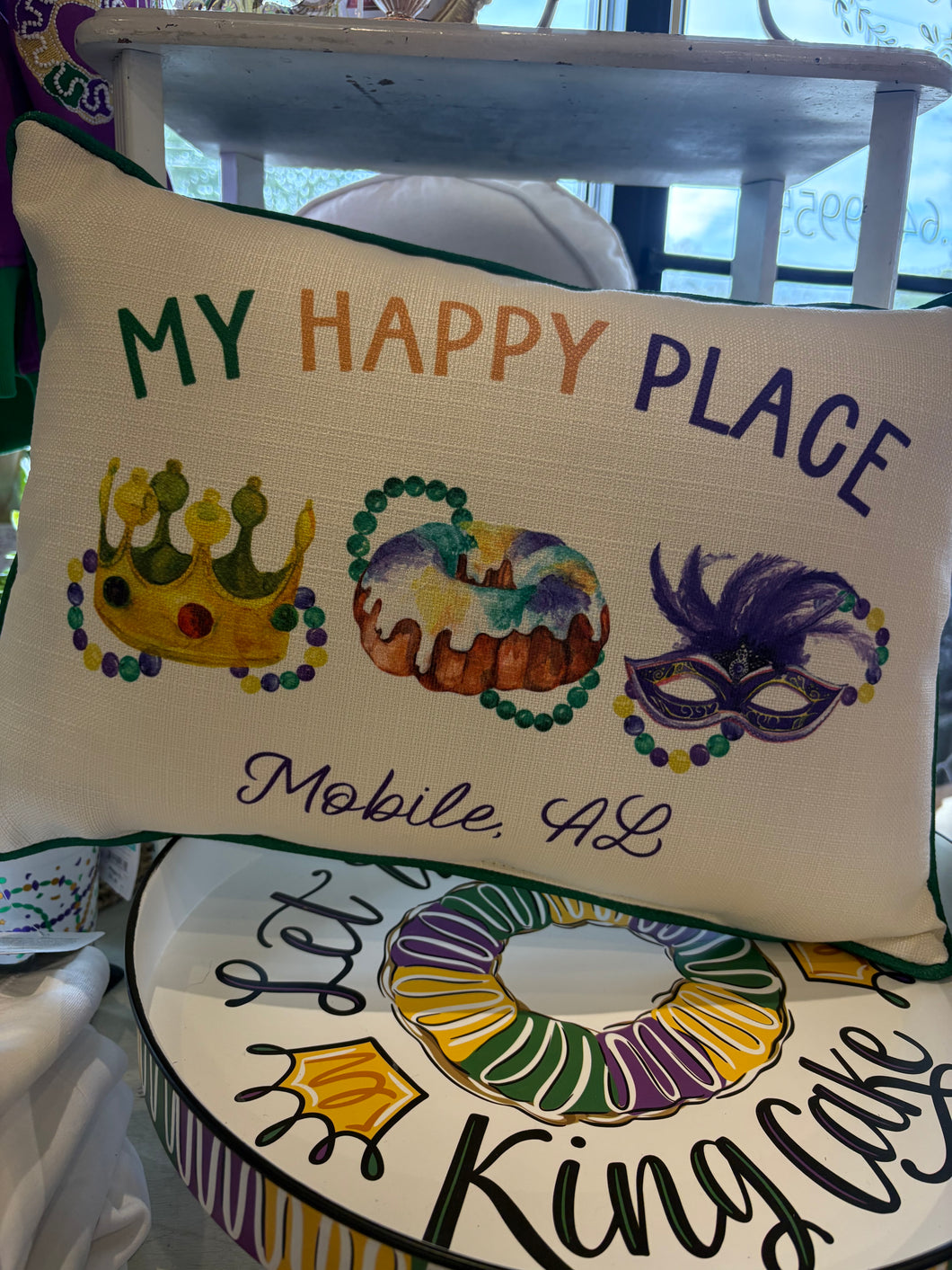 Mardi Gras Elements Happy Place Pillow Green Piping Mobile, AL