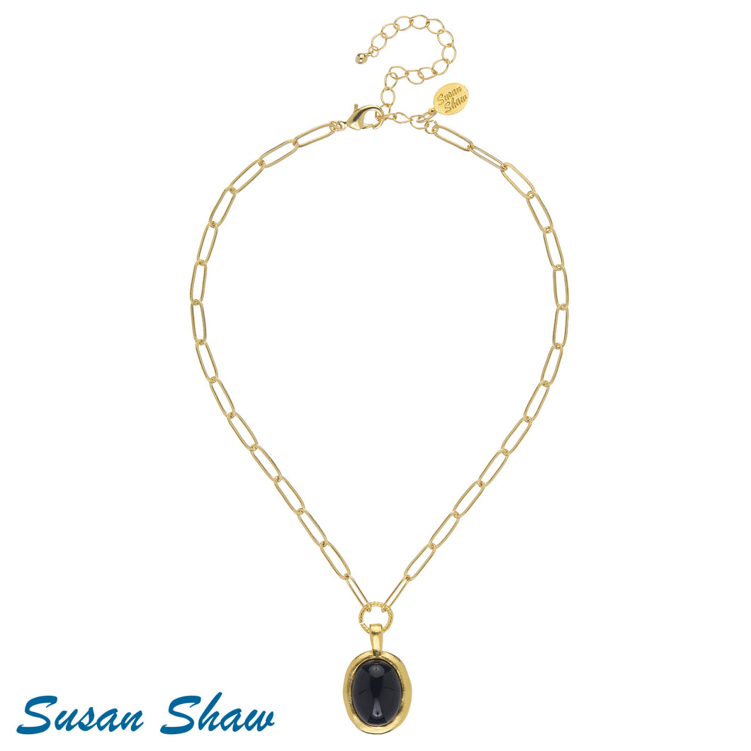 Susan Shaw Gold Oval & Black Onyx Stone Medium Paperclip Necklace