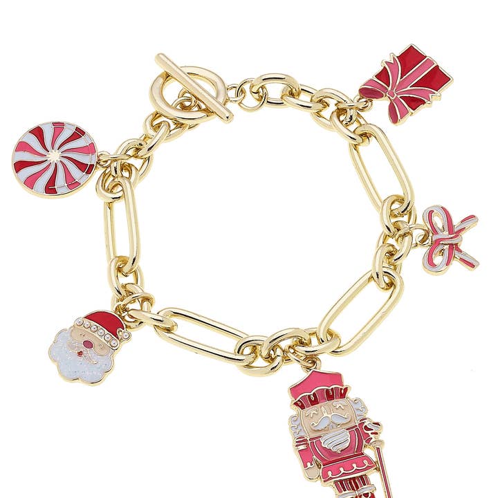 Christmas Cheer Enamel Charm Bracelet in Red/Pink