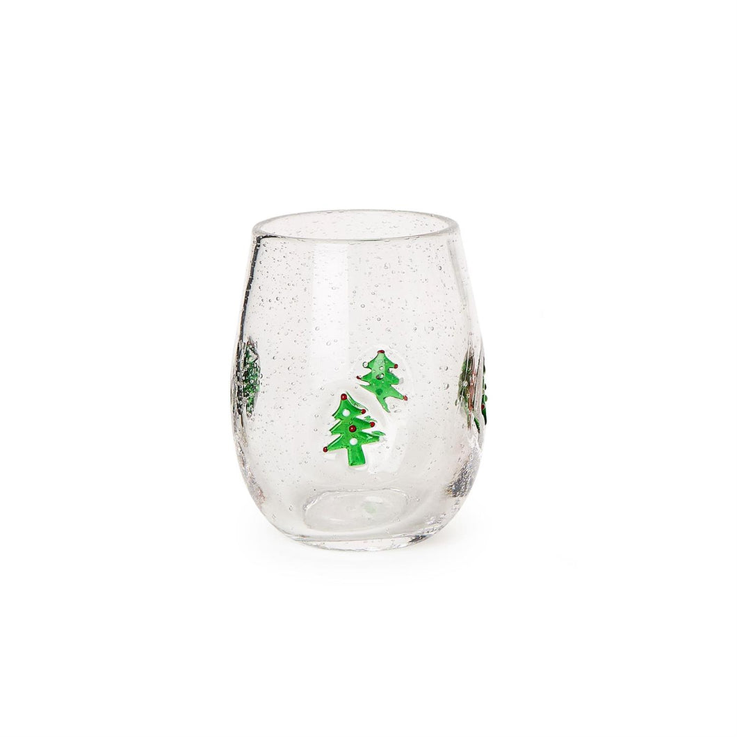 Holiday Clear Bubble Stemless Wine Glass w/Tree Icon