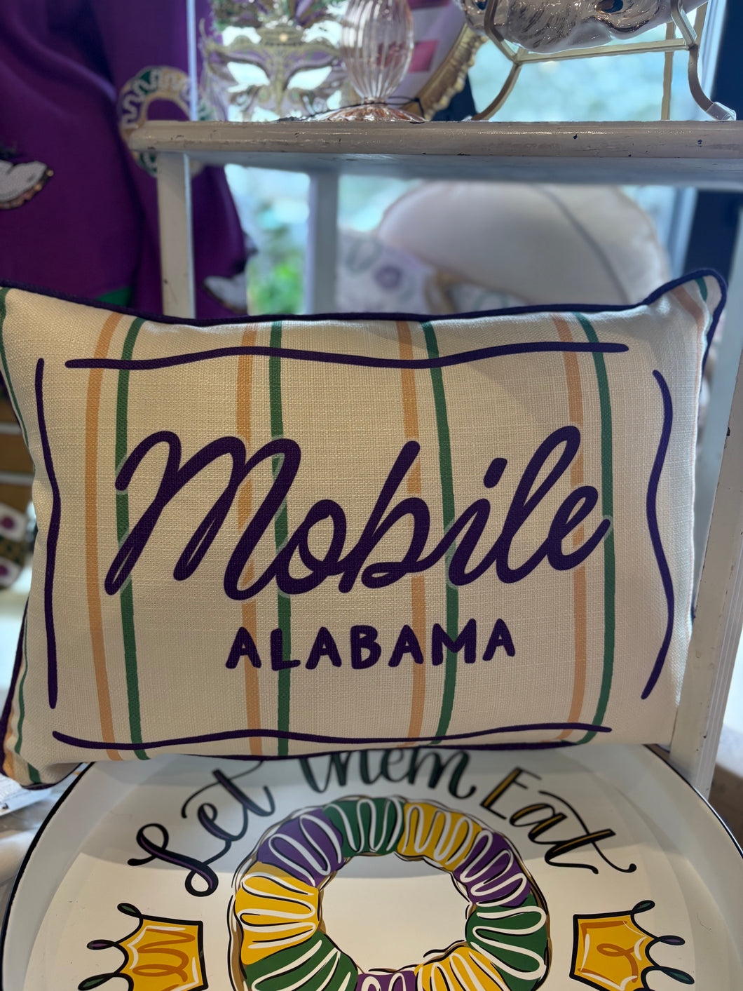 Hometown Stripes Pillow Purple Piping Mardi Gras Colors Mobile, AL