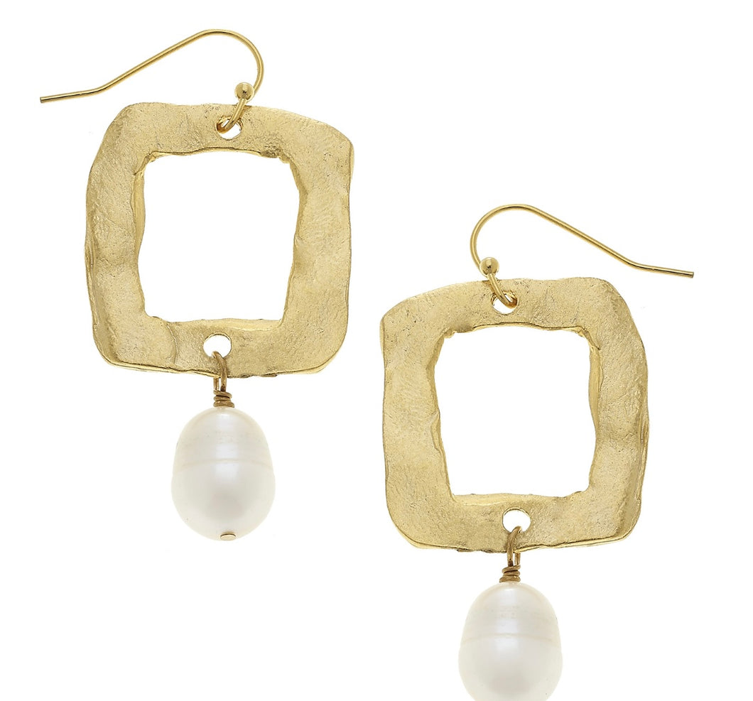 Susan Shaw Handcast Gold Open Square Freshwater Pearl Earring