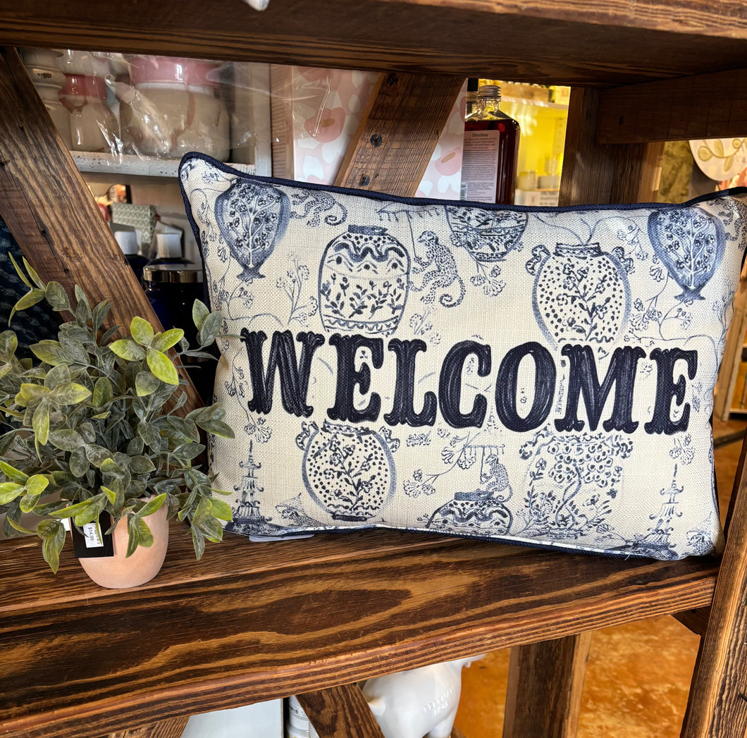 Welcome Navy Chinoiserie Pillow