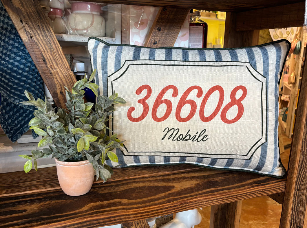 French Stripe Ribbon Zip Code Pillow 36608 Mobile