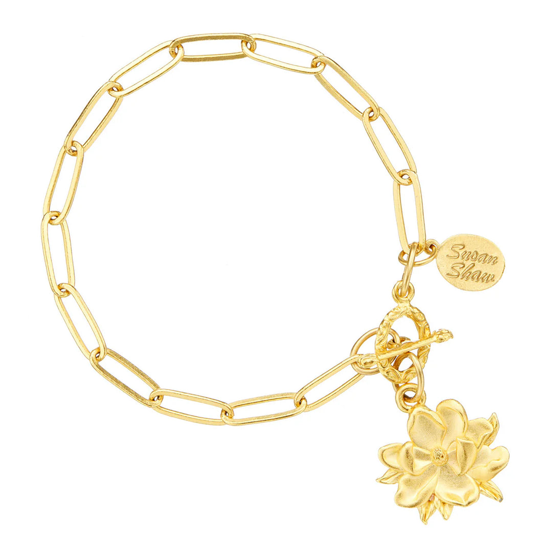 Susan Shaw Gold Magnolia Flower w/Gold Paperclip Chain Bracelet