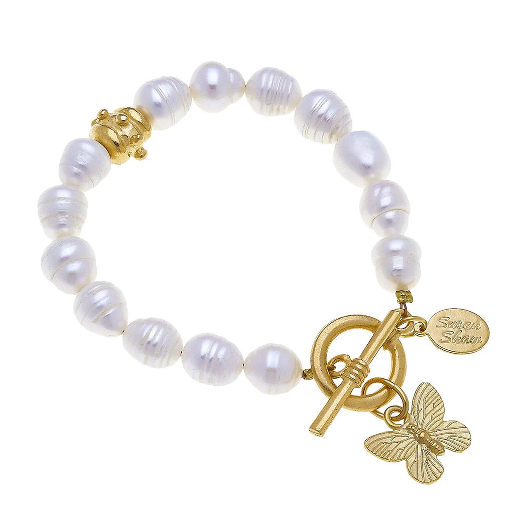 Susan Shaw Gold Butterfly Freshwater Pearl Toggle Bracelet