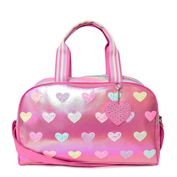 Flamingo Pink Metallic Heart Patched Duffle Bag