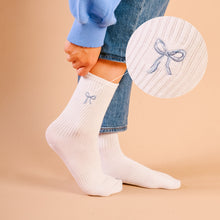 Load image into Gallery viewer, Embroidered Crew Socks - Blue Bow
