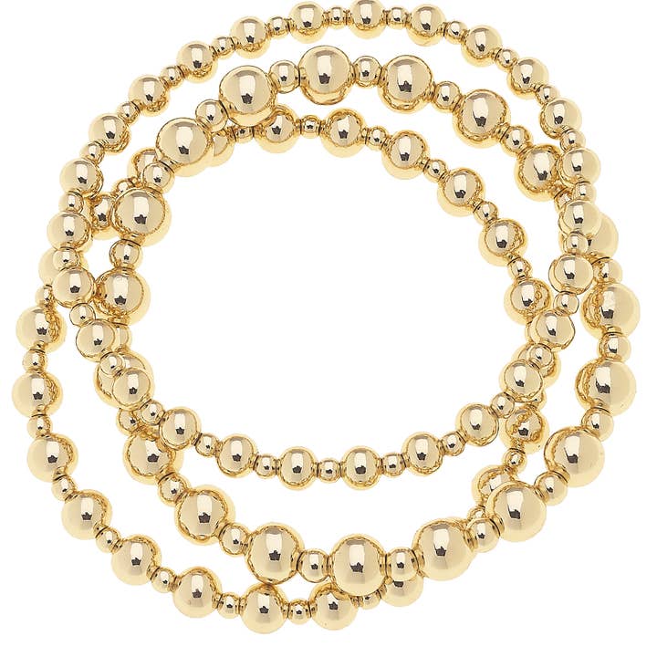 Emory Ball Bead Stretch Bracelet Set/3 Shiny Gold