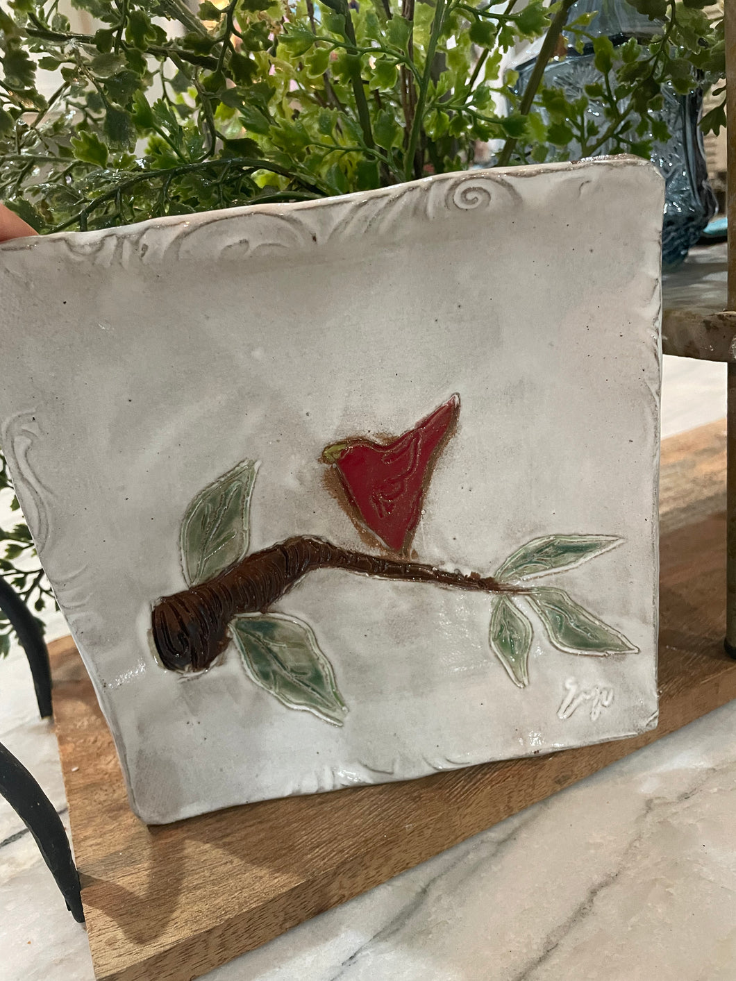 Dixie Pottery Red Bird on Branch Tray