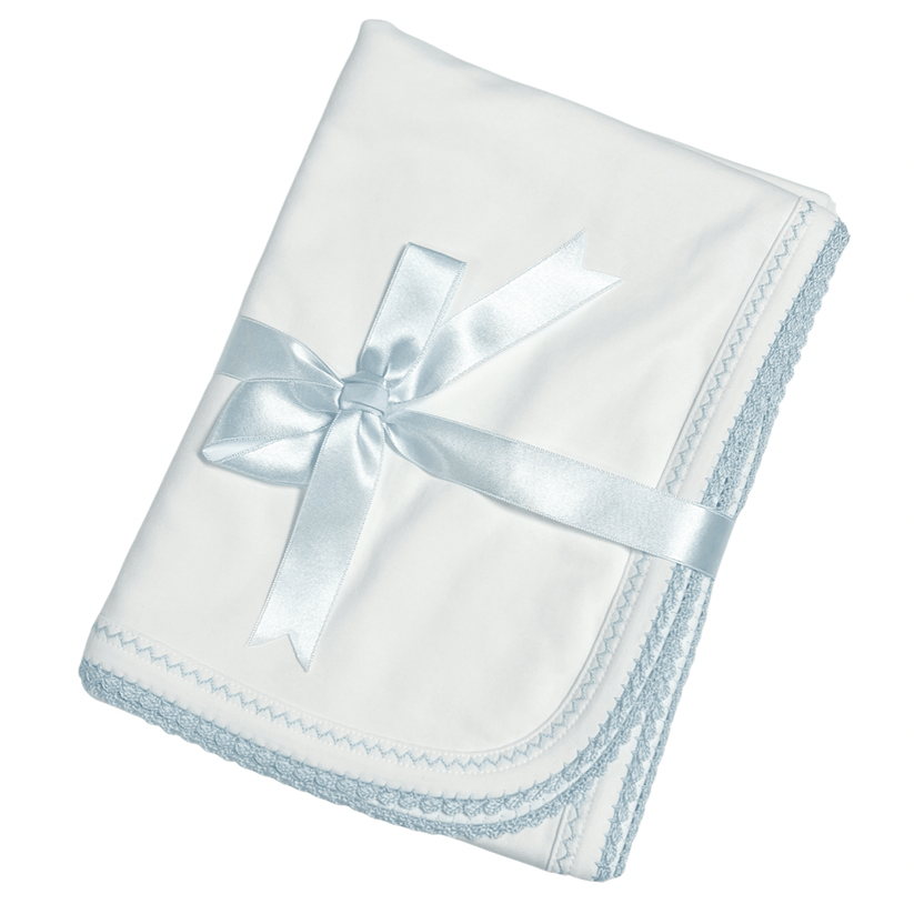 Squiggles White Blanket Crochet-Blue Trim