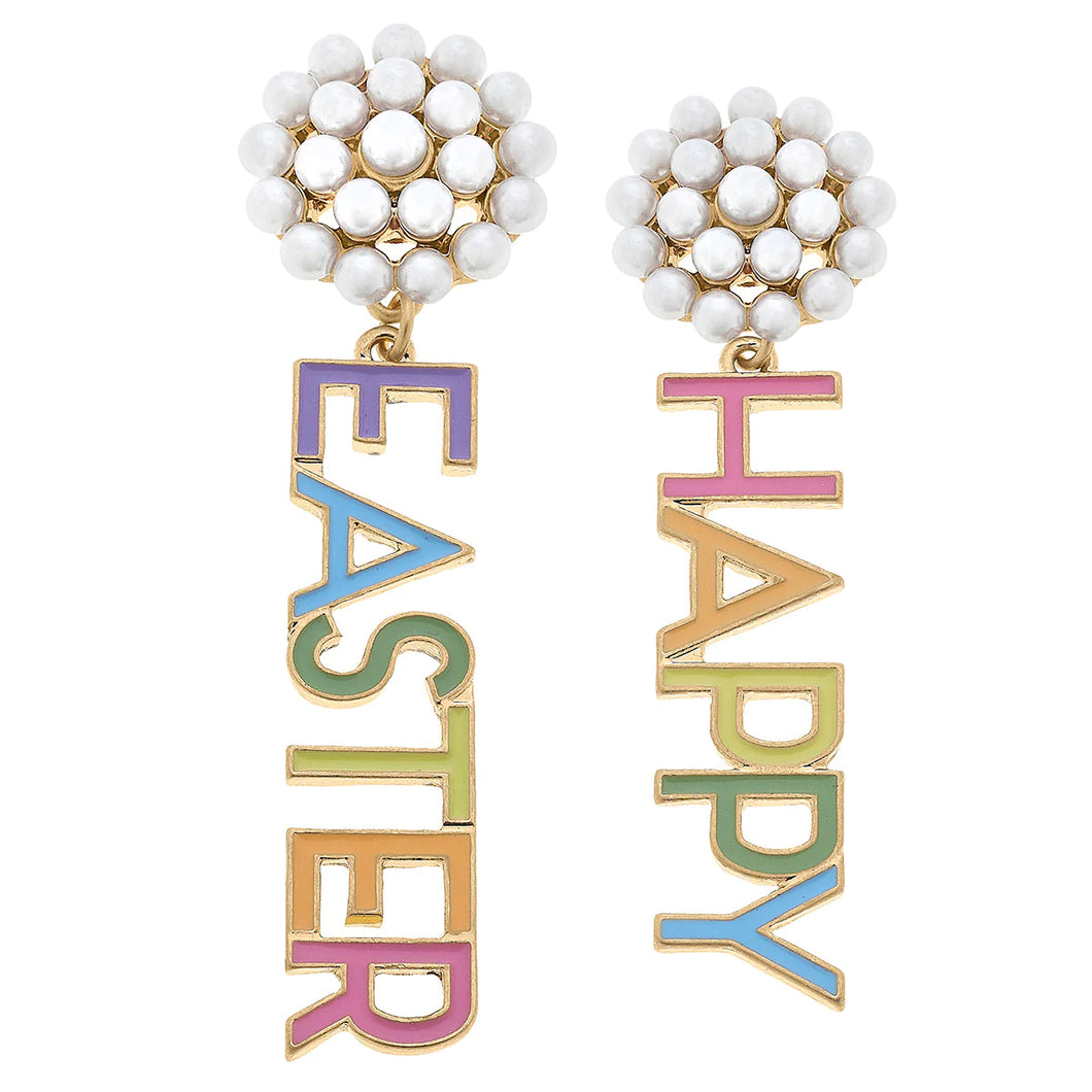 Canvas Happy Easter Pearl Cluster Earrings Rainbow