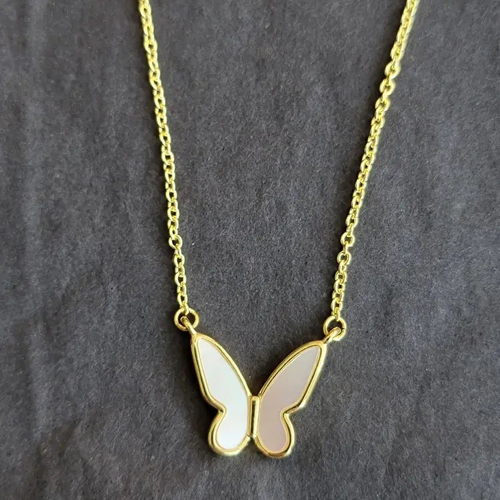 Haute Mess Butterfly Necklace w/White MOP Wings Gold Chain