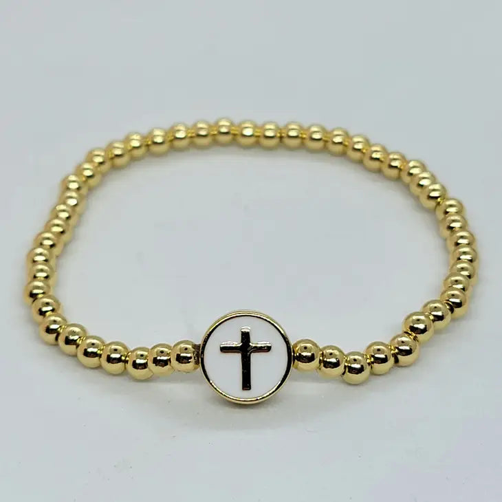 Haute Mess Gold Bead w/ Cross on White Background Bracelet