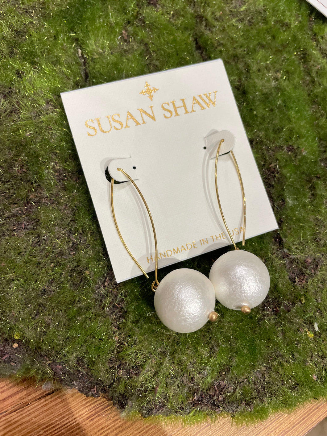 Susan Shaw Hand Cast Gold Thread Cotton Pearl Earrings