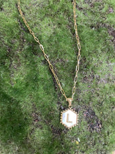 Load image into Gallery viewer, Haute Mess Hexagon MOP Pendant w/ Gold Initital on Paperclip Chain
