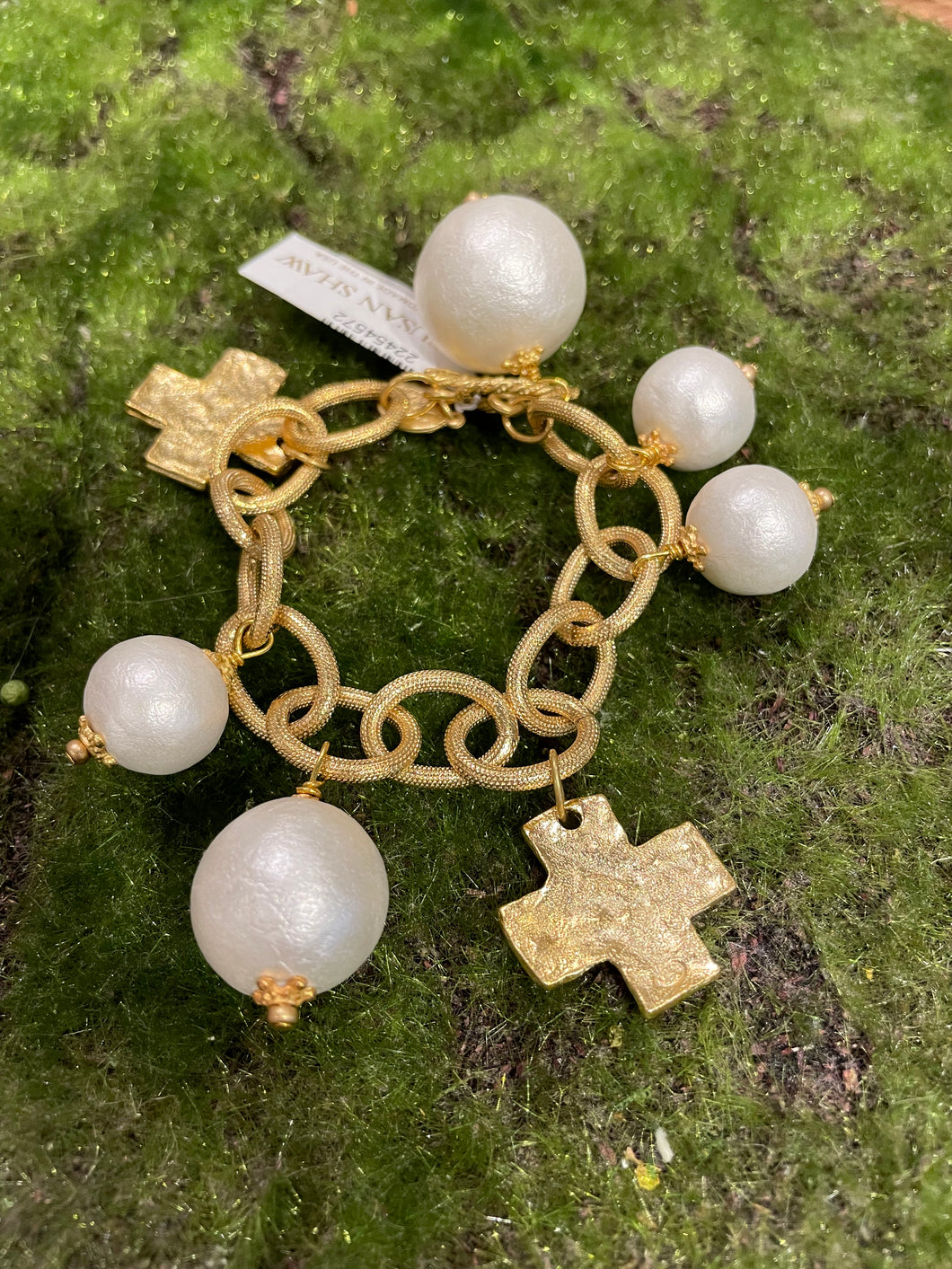 Susan Shaw Gold Cross & Cotton Pearl Bracelet