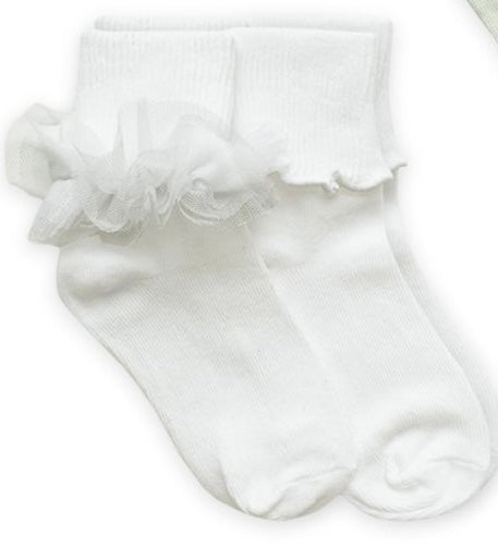 Jefferies Socks White Ruffle Lace & Ripple Edge Turn Cuff Socks 2 Pair Pack 2155