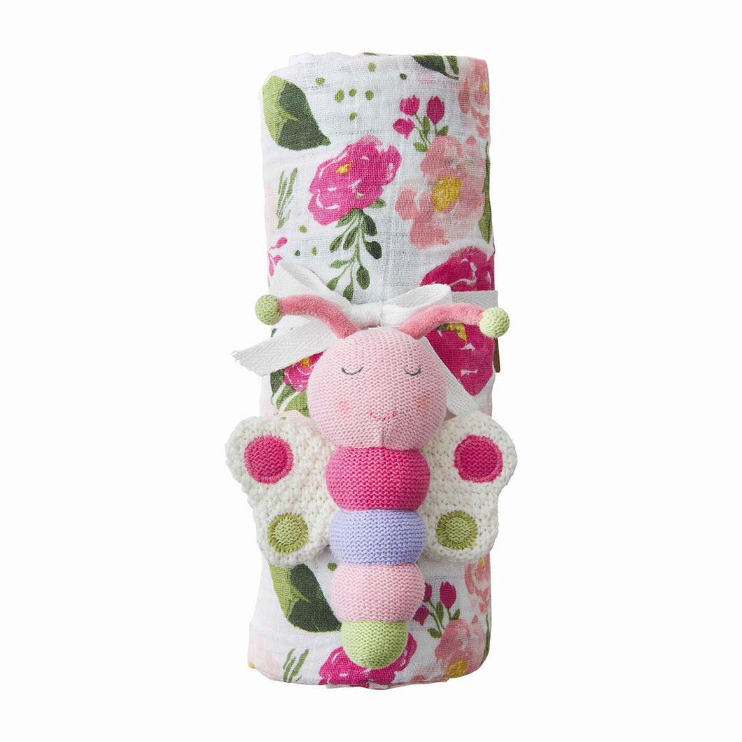 Mudpie Floral Swaddle and Rattle