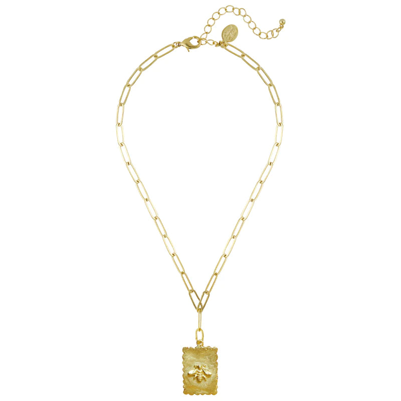 Susan Shaw Handcast Gold Bee Rectangle on Paper Clip Chain Necklace